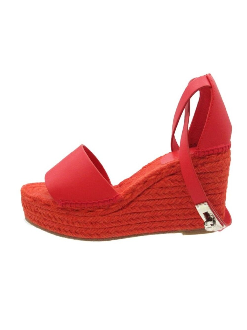 Hermes Sandals Kelly Buckle Ankle Strap Espadrilles Wedge Sole Shoes Red